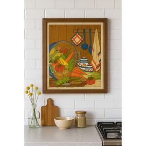 VTG Paint by Number Felt Picture Harvest Veggies 16x20 Retro Kitchen Art‎ USA